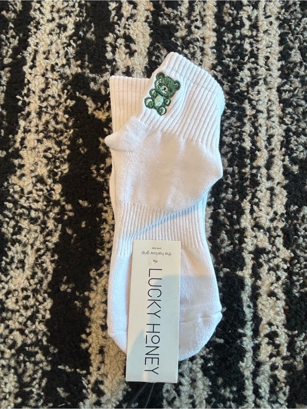 Lucky Honey White Crew Grip Socks with Green Bear Patch